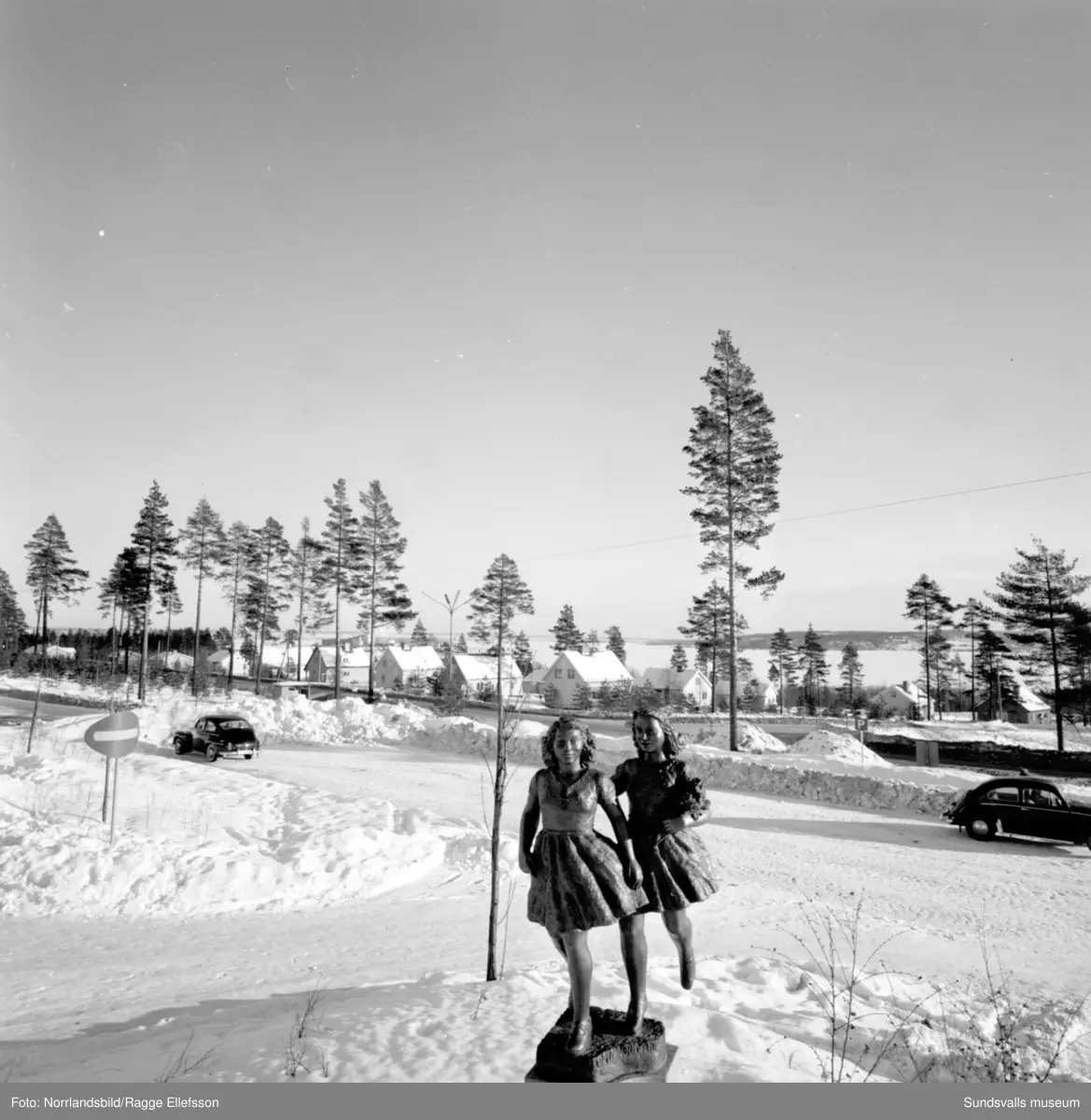 Diverse bilder från Timrå köping. Bland annat fasaddekoren vid simhallen, bronsskulpturen vid Tallbacken, Mariedalsskolan.