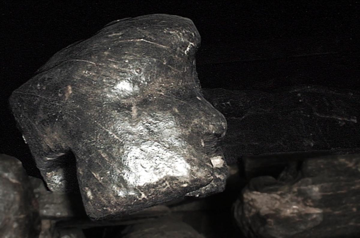 Skulptur av en triton, svängd mot höger.
Tritonen är framställd i vänster profil och avtecknar sig i hög relief mot det släta bakstycket. Tritonen har en stor näsa och treflikig mustasch. På huvudet sitter en hjälm med dekorativa bladvoluter. Armarna är ersatta av långa, flikiga bladslingor. Bålens övergång i den fjällförsedda fiskstjärten markeras av stora bladbildningar. Tritonens stjärt döljs bakom stjärten och vingen till en under liggande drake, se fyndnummer 21277. På baksidan finns urtag för relingslisten.
Skulpturen är mycket välbevarad.

Text in English: A sculpture of a Triton curved to the right.
The figure is seen in left profile, in high relief against a plain back board. The face has a large nose and a moustache that splits into three parts. On its head is a helmet with decorative leaf volutes. The arms are replaced by long, lobed leaf formations. The transition area between the male torso and the scaled fish-tail is decorated with large leaves. The rear is hidden behind a dragon''s coiled tail and broad wing situated below, see No. 21277. There are notches on the back that fit into the railing.
The sculpture is very well preserved.