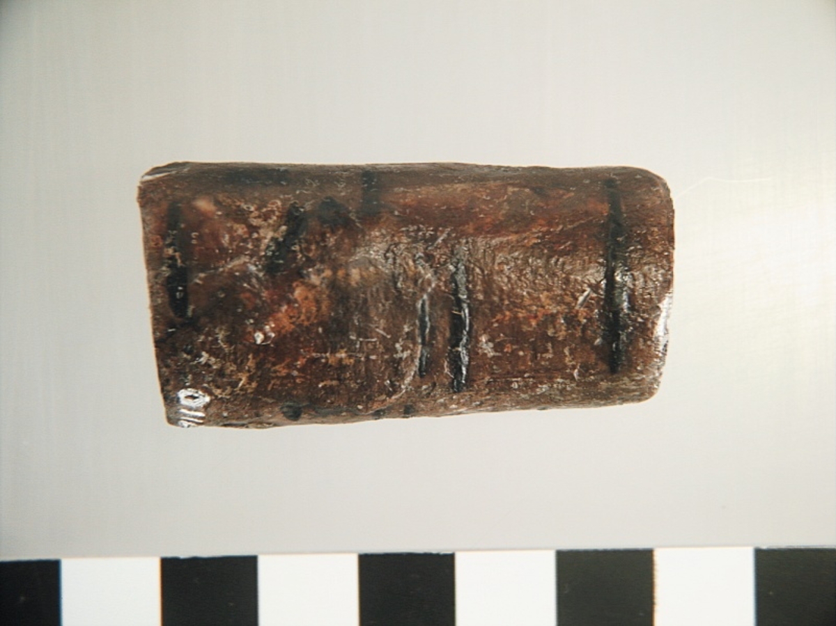 Ett flöte av näver. Flötet har formen av en rulle. I flötets mitt finns ett ca 13 mm brett hål som löper genom rullen. Flötet är välbevarat.