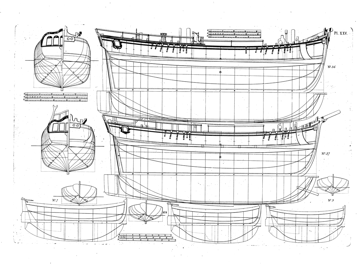 Tre jullar (ritning nr 7, 8 och 9) och två barkskepp (nr 36 och 37). Profil-, spant- och linjeritningar.