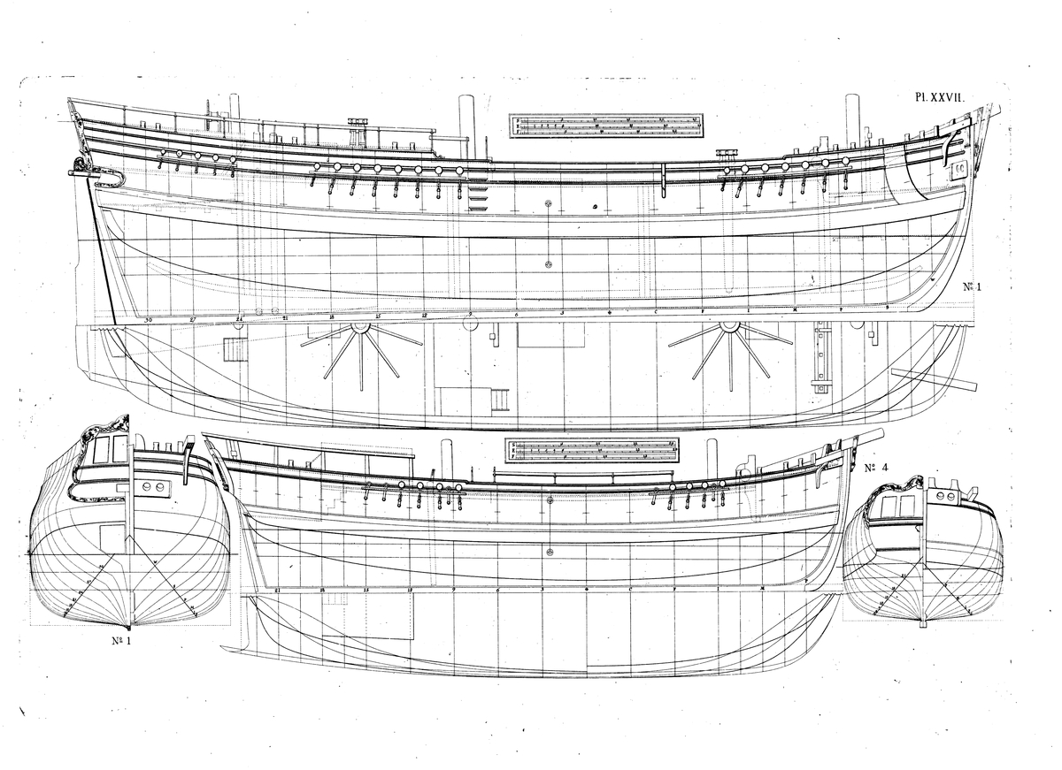 Flöjt (ritning nr 1) och bark (nr 4). Profil-, spant- och linjeritningar.