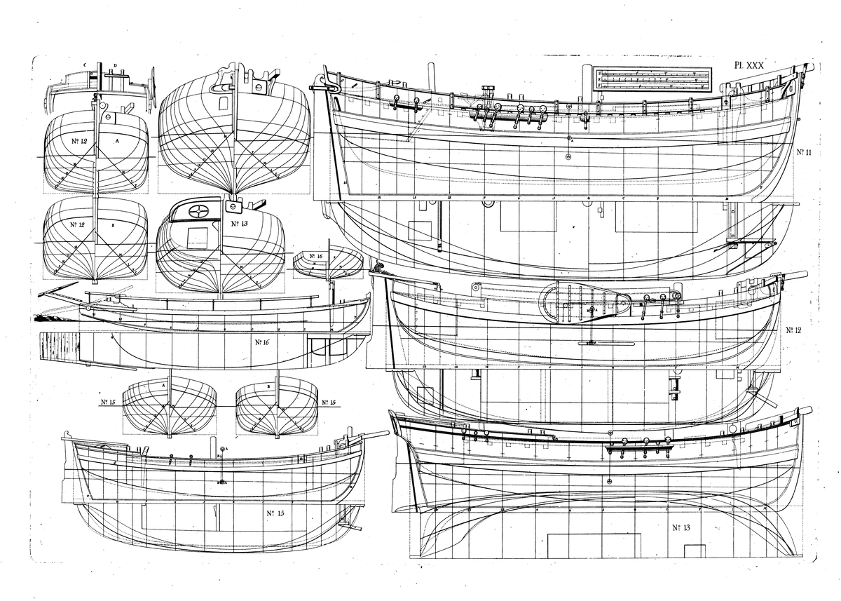 Pinkskepp (ritning nr 11), galjot (nr 12), bark (nr 13), skuta (nr 15) och färja (nr 16). Profil-, spant- och linjeritningar.