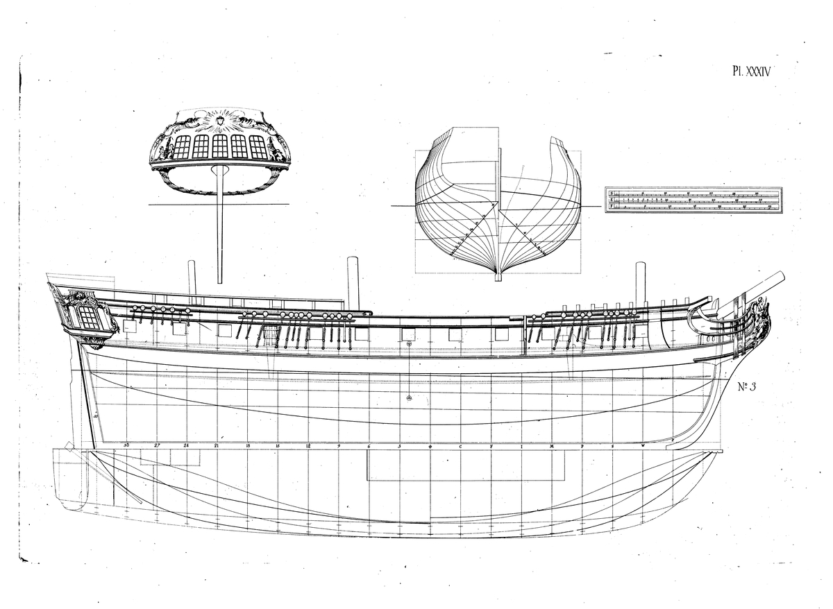 Kaparfregatt. Profil-, spant- och linjeritning samt akterspegel.