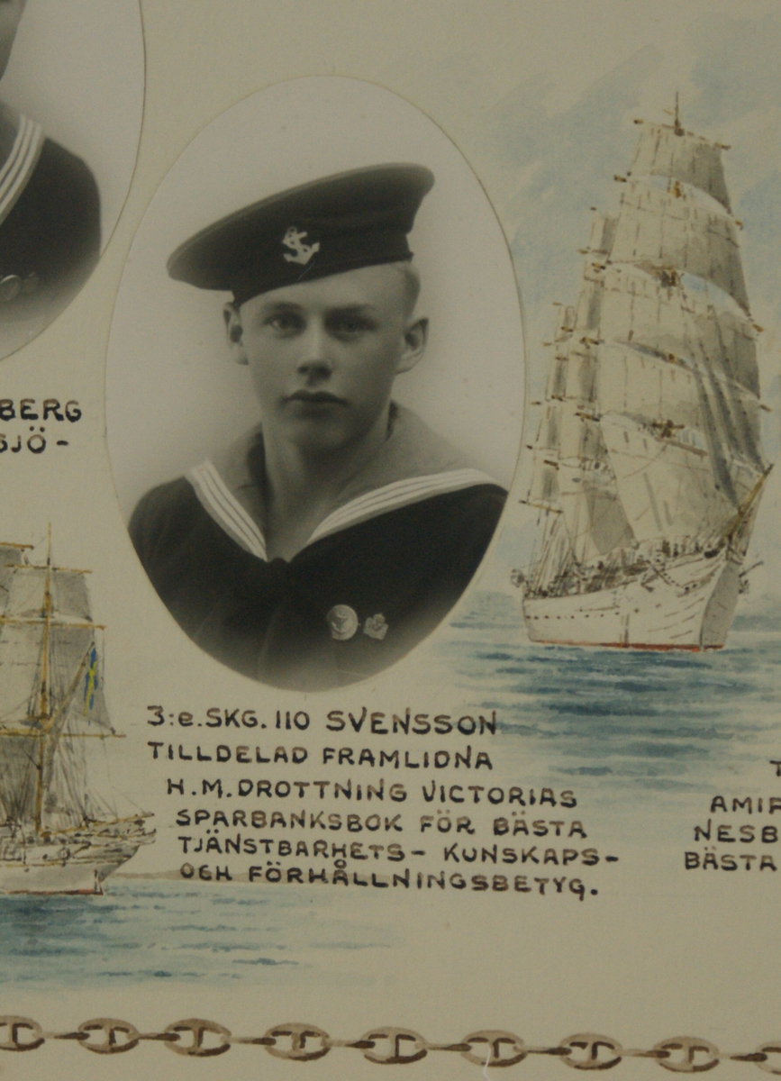 Tavla inom glas och ram. Ramen av ek, svart. Består av fotografier av fyra skeppsgossar ur 3:e kompaniet samt lavering av kasern Ankarstjärna, skeppsgossefartygen af Chapman, Najaden och Jarramas.
Text: 3:E  Skeppsgossekompaniet  1931-1934.
Laveringen utförd av flaggkonst. Erik Pettersson (=Kulan).
Neg.nr A 755 3:12