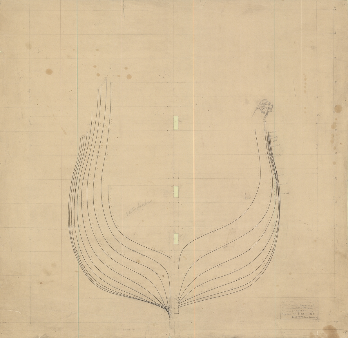 Ritning till modellen av Amaranth uppmätt från originalmodellen, nr Ö4 i museets föremålssamling.
Skiss; spantruta