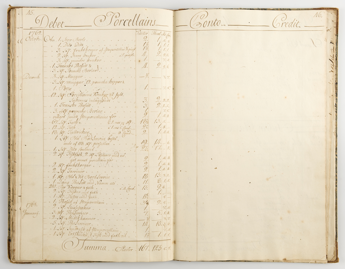 Räkenskapsbok förd ombord i skeppet Stockholms Slott av kapten M Holmers 1762-1763.