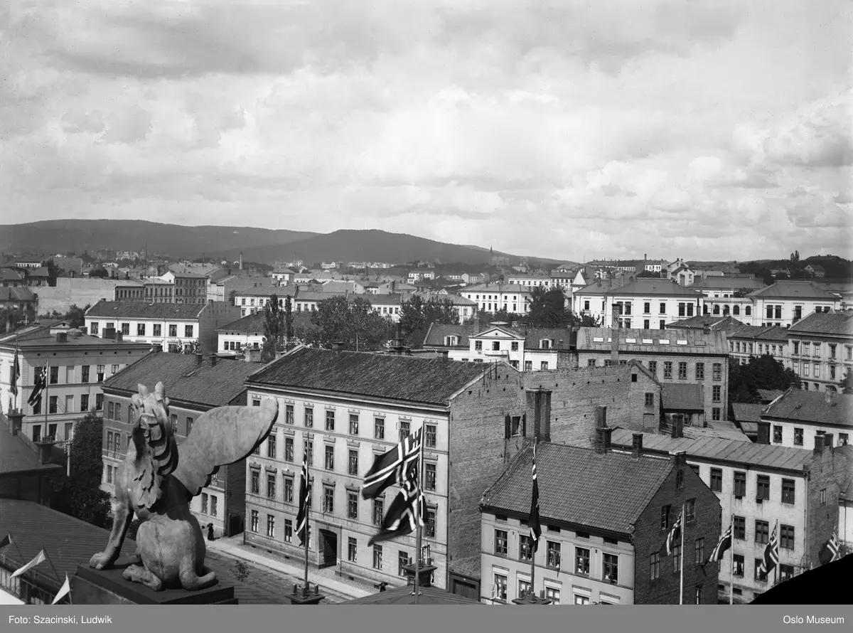 Nasjonalgalleriet, tak, skulptur, utsikt, forretningsgårder, flagg