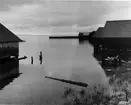 Norrboda hamn med vågbrytare och sjöbodar, okt 1954.