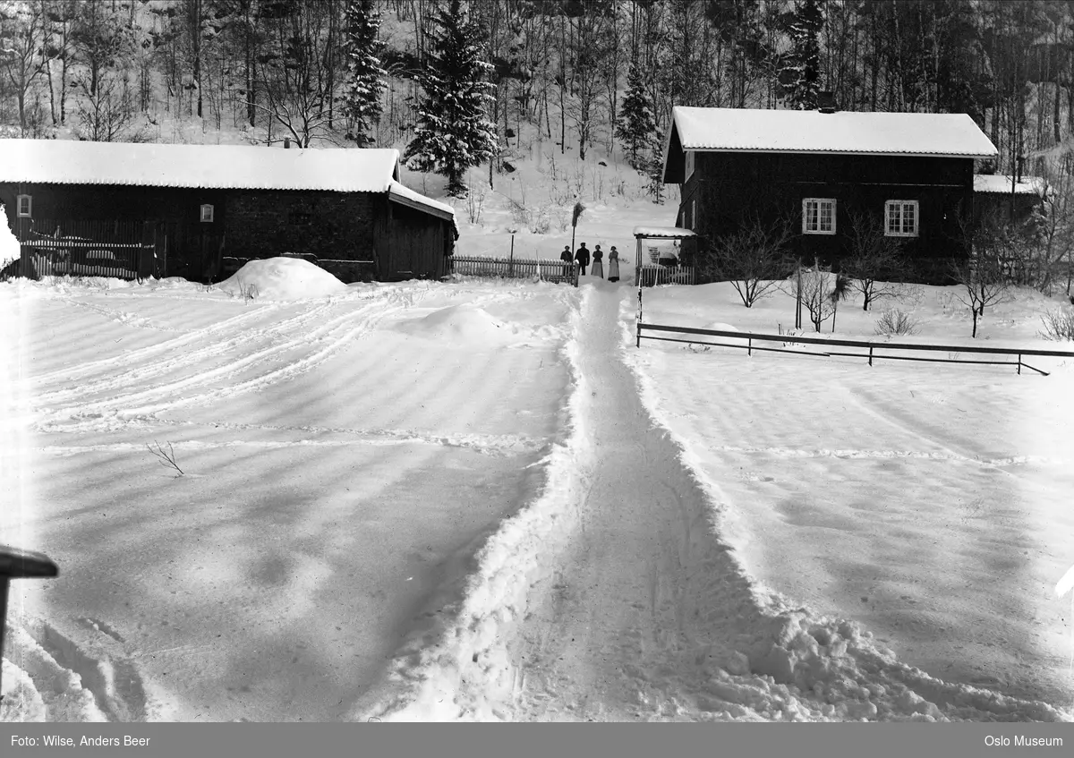 gård, bolighus, uthus, hage, snø, mennesker, fuglenek