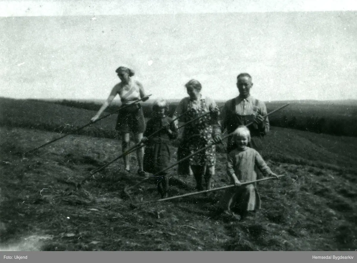 Her driv ein med kåing av fôrbrøye. På biletet ser ein familien Engebretsgard og ei bydame.
Fotografiet er teke ca. 1940.
