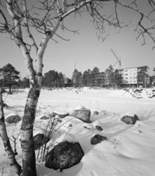 Bostadsområde
Exteriör, nästan färdiga flerbostadshus i fond