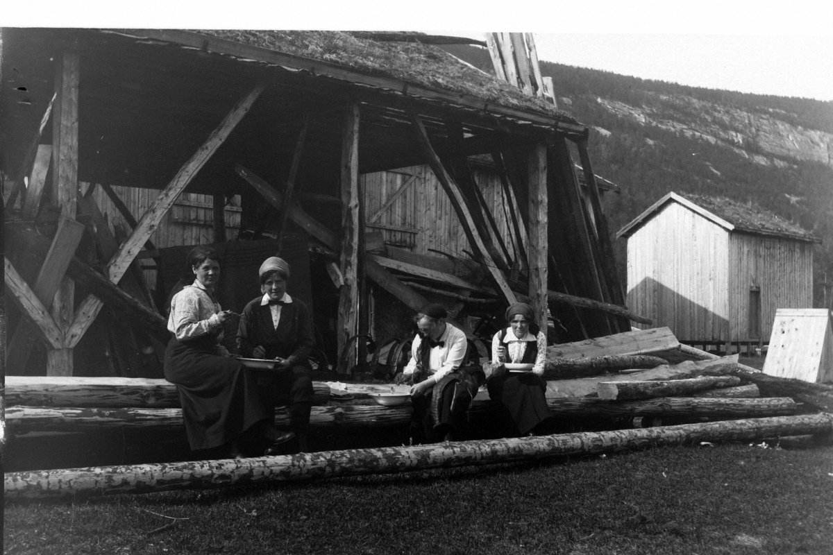 Fire kvinner i pent antrekk, fotografert mens de har matpause på noen store trestokker.