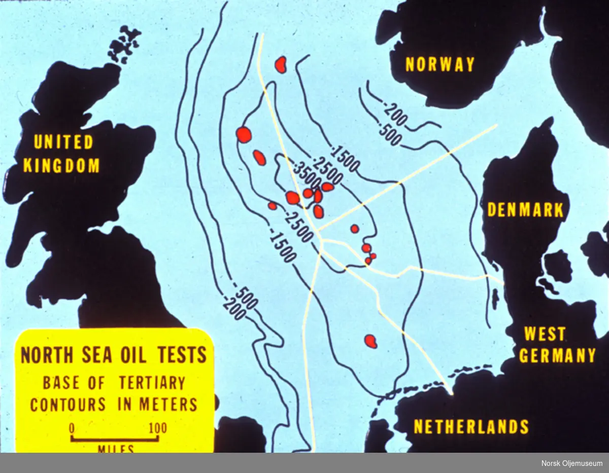Geologisk kart over oljetester i Nordsjøen, med tertiærgrenser og sektorgrenser.