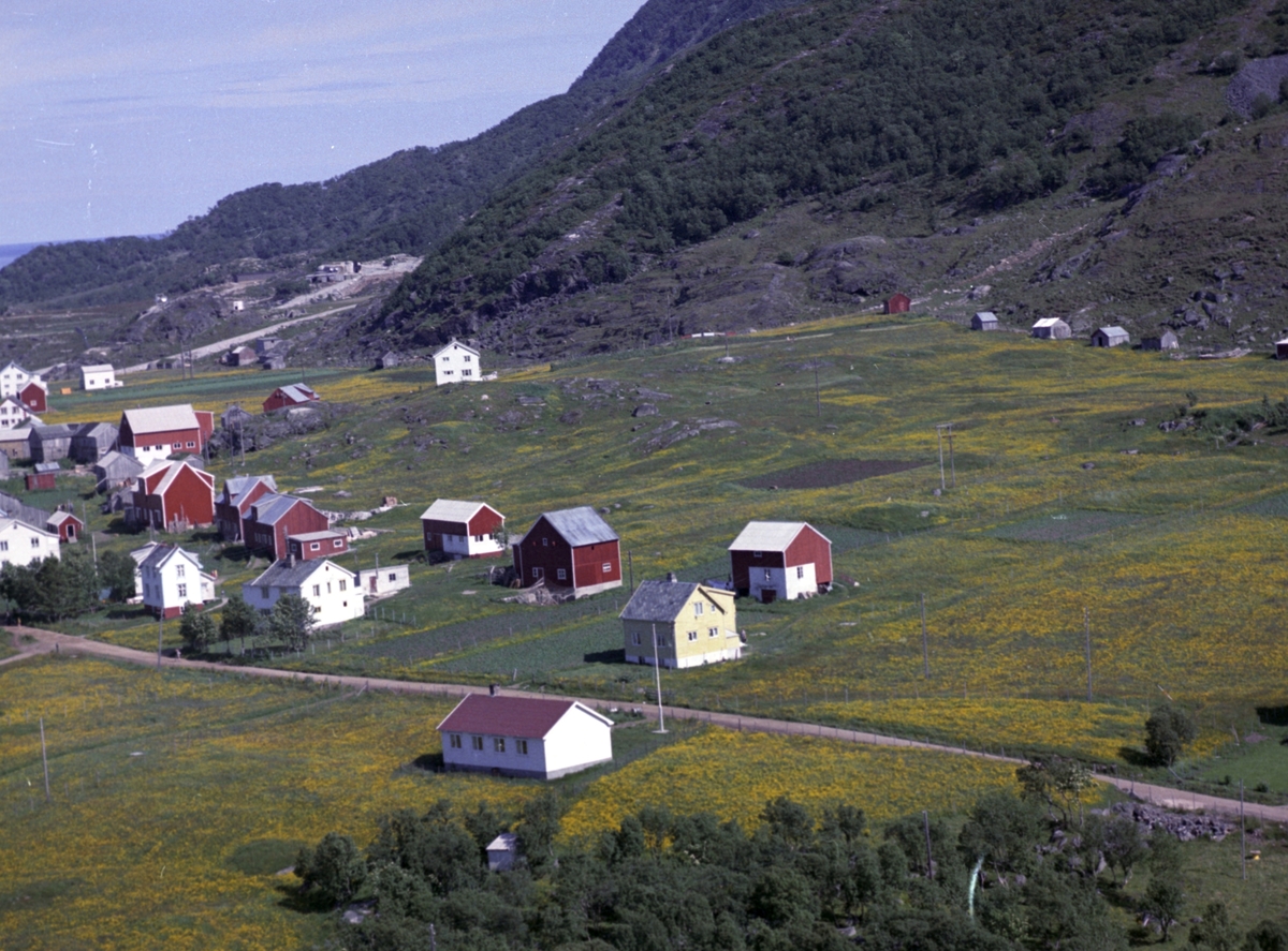 Flyfoto av bebyggelse på Grøtavær. Bedehus i forgrunnen, sommerfjøser i bakgrunnen.