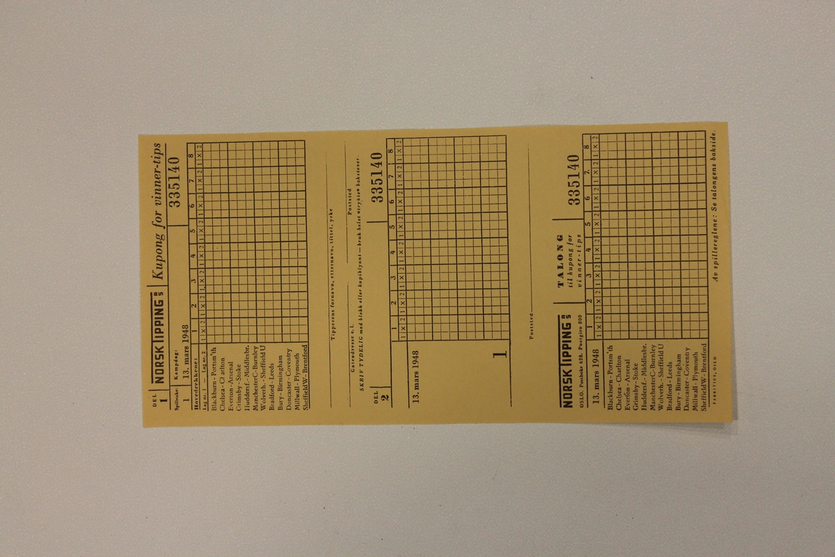 Tippekupong hvor man måtte fylle ut i tre eksemplarer. Engelske kamper. Kampdag 13. mars 1948.
BAksiden: regler