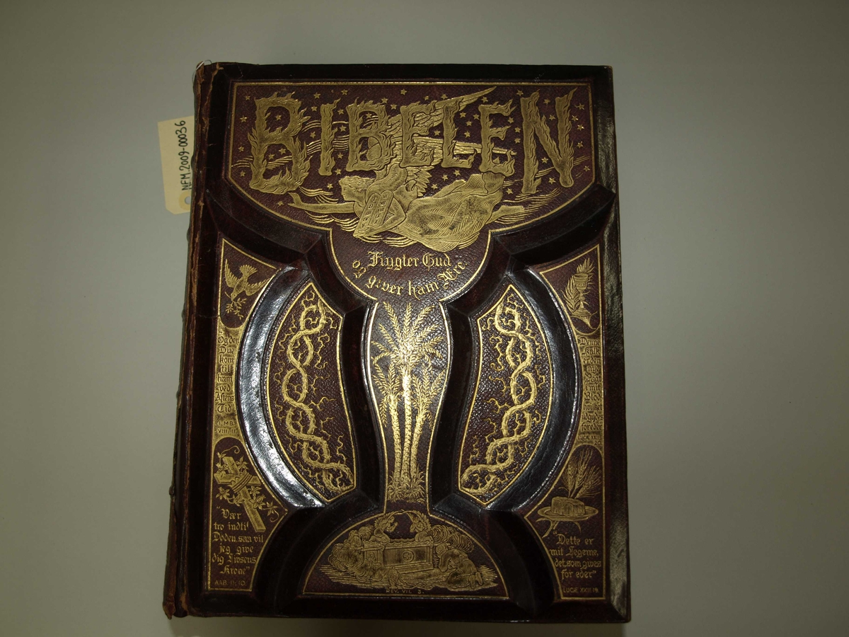 Stor og tung Bibel produsert og brukt opphaveleg i USA. Permen er tjukk og kanskje laga av tre med skinn (?) trekt utanpå. Det er fordjupningar i permen si framside. Bilete og tekst utanpå er forgylt. I Bibelen er det mange illustrasjoner og nokre sider er også i fargar. Det er også vigselsbevis/attest i den og dødsfall til eine eigar er oppført. Bakerst er det plass til fotografi, og det er fleire inni. Det ligg også ved to bokmerke, det eine brodert med initialar, og ein laus illustrasjon.