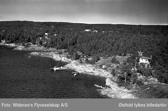 Skråfoto av hytter og sjø, brygger og robåter, samt skogsområder. Humlekjær. Bildet tatt nordøstover. Gården i bakgrunnen er Humlekjær vestre.