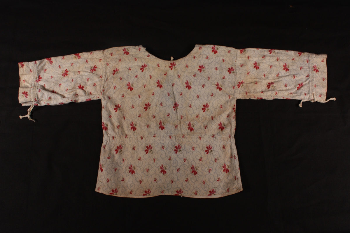 Blomster med raude kronblad, lyseblå halvsirklar.