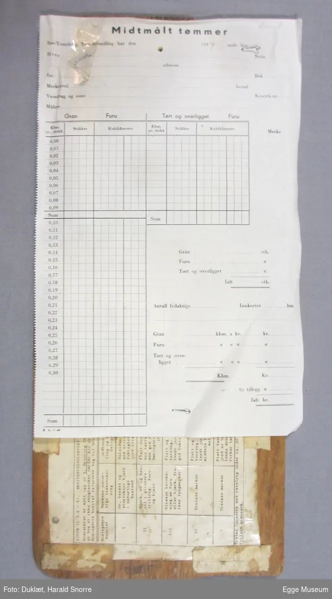 Rektangulær finerplate. Påmontert boniteringsskjema for øvelser i skogtaksering ved Skogskolen fra ca. 1970? Skjema festet med fryseteip.