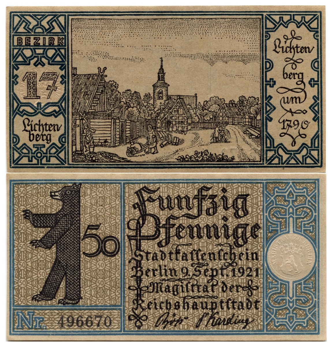 En sedel. Valör 50 pfennige. Utgiven 1921.

En sedel av en samling utländska penningsedlar 78 st. I samlingen ingår en svensk enkronasedel 1875 samt en svensk och en Norsk enkronasedel (kortia) fr. år 1917.

I gåvan ingår även 12 775:a-b: plånbok, skinn, rikt mönstrat plastikarbete samt en gåspenna.

Sedelboken har tillhört Johannes Olsson som var kusin till givarens mormor.