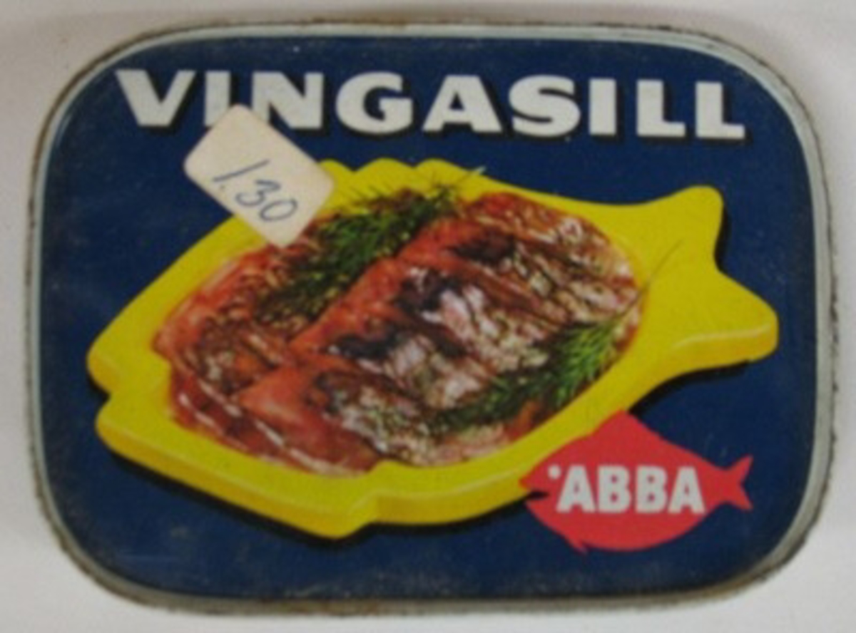 Plåtburk, skyltmaterial.  Abba Vinga - sill.