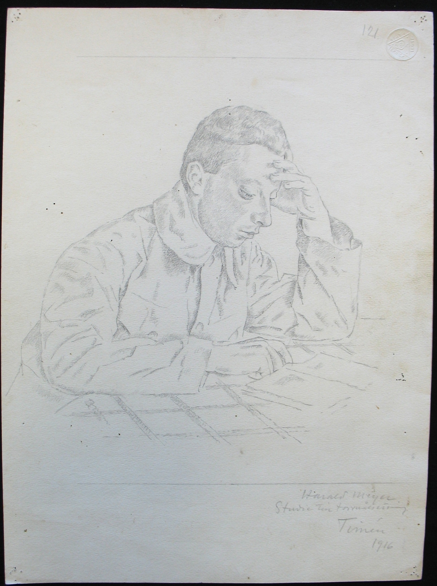 Teckning : '' Harald Meyer. Studie till torrnålsetsning''.Tecknad av Frans Timén 1916.



Frans Timén föddes i Göteborg 1883 men flyttade med familjen till Vänersborg 1898 då hans far erhöll tjänst som direktör vid länsfängelset i staden. Redan i mycket unga år visade Timén konstnärliga anlag varom tidiga teckningar och oljemålningar från Göteborg och Vänersborg visar. Vårterminen 1906 antogs han som elev för Carl Wilhelmsson vid Valands konstskola i Göteborg. Åren 1911-12 vistades han i Paris där han tog djupa intryck av Cézanne och kubisterna. Återkommen från Paris drev han ateljé med elever på Katrinedal i Vänersborg innan han 1918 lämnade staden. Efter giftermål flyttade Frans Timén till Örebro på 1930-talet och kom att bli staden trogen under återstoden av livet , även om han aldrig kände sig som Örebroare. Sina motiv kom han att hämta från Bergslagen, Tivedsskogarna och inte minst från Västkusten där han tillbringade somrarna. Timén, som fick en grundmurad ställning i svenskt konstliv, avled i Örebro 1968. Enligt egen önskan begravdes han i ungdomsstaden Vänersborg där han nu vilar på Strandkyrkogården.