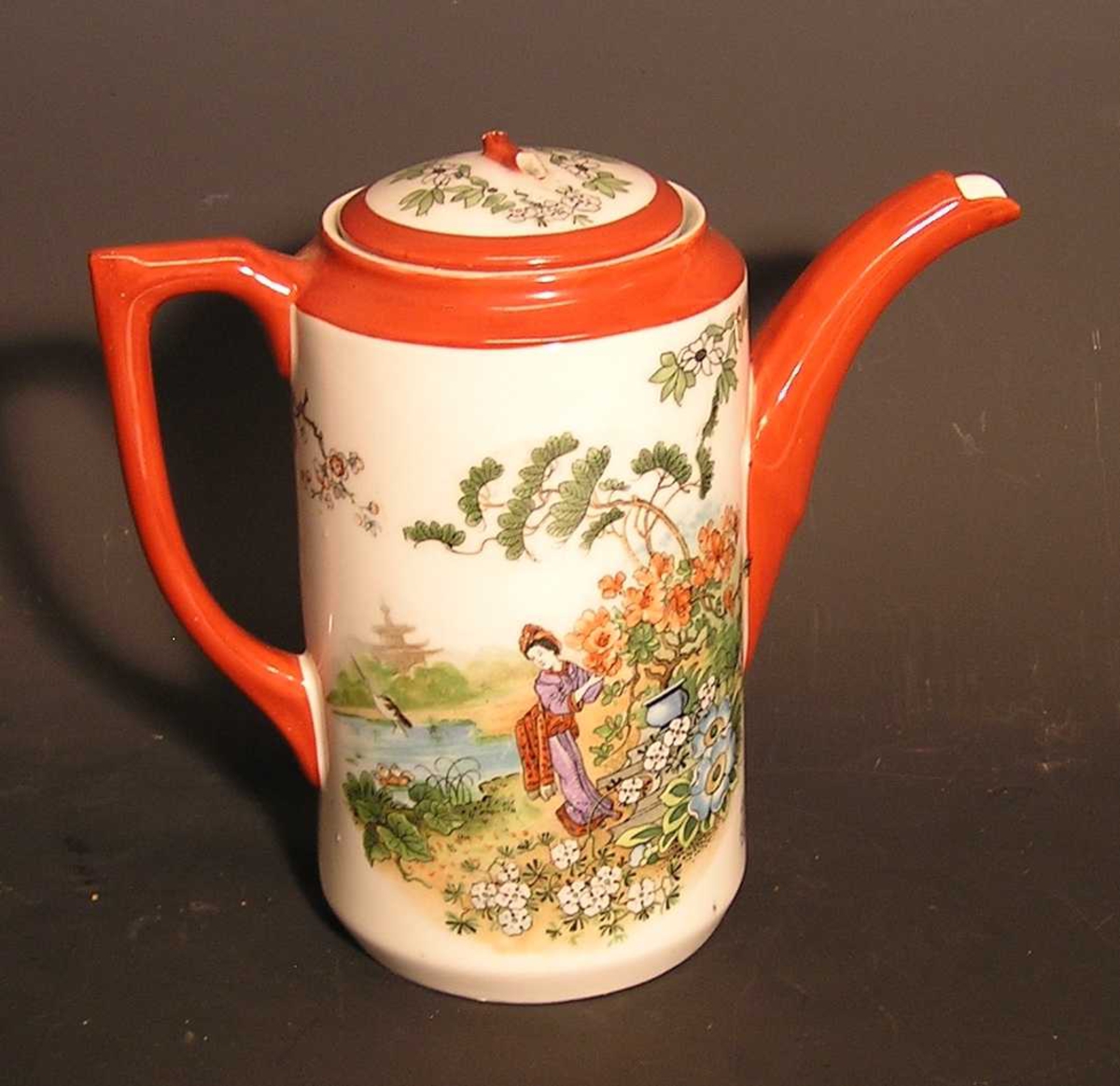 Japansk landskap med geisha og mange blomster.