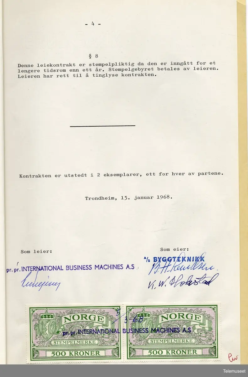 4.2 IBM Trondheim kontor - leiekontrakt mellon A/S Byggeteknikk og IBM Kongens gt 60, 15. jan 1968