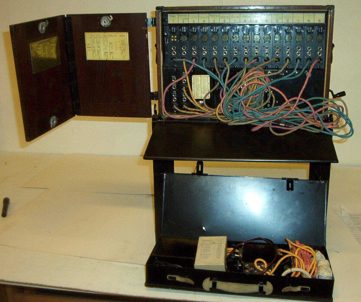 Telefonsentral (feltveksler) av eldre type med ledninger og plugger i grønn transportkasse på fire bein.