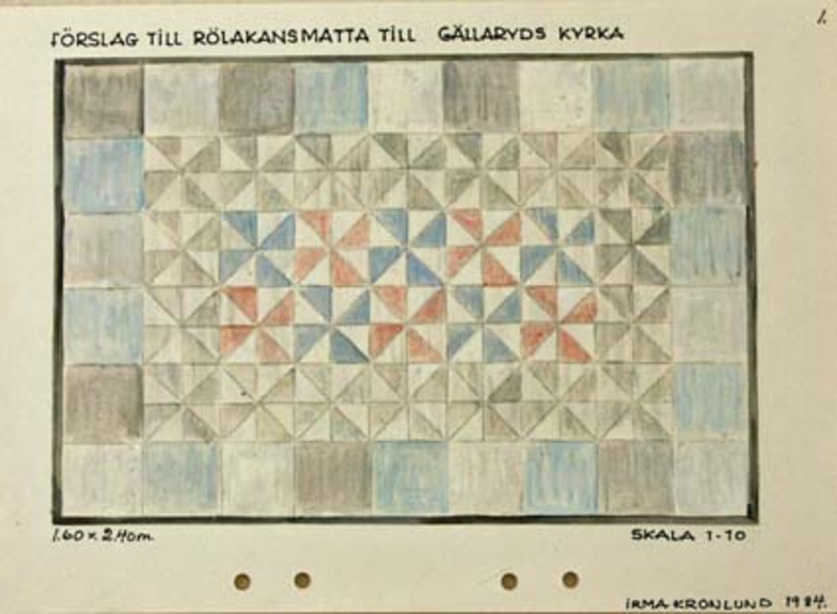 Fem skisser med förslag till rölakanmatta till Gällaryd kyrka.Skisserna är troligen gjorda med någon krita som sedan strukits ut med vatten. GHKL 4150:1Förslag till rölakanmatta till Gällaryd kyrka 1,60 x 2,40 m. Skisstorlek ca 16 x 24 cm. Skala 1:10. Skissen är märkt med nr 1. GHKL 4150:2Förslag till rölakanmatta till Gällaryd kyrka 1,60 x 2,40 m. Skisstorlek ca 16 x 24 cm. Skala 1:10. Skissen är märkt med nr 2. GHKL 4150:3Förslag till rölakanmatta till Gällaryd kyrka 1,60 x 2,40 m. Skisstorlek ca 16 x 24 cm. Skala 1:10. Skissen är märkt med nr 3. GHKL 4150:4Förslag till rölakanmatta till Gällaryd kyrka 1,60 x 2,40 m. Skisstorlek ca 16 x 24 cm. Skala 1:10. Skissen är märkt med nr 4. GHKL 4150:5Förslag till rölakanmatta till Gällaryd kyrka 1,60 x 2,40 m. Skisstorlek ca 16 x 24 cm. Skala 1:10. Skissen är märkt med nr 5. BAKGRUNDHemslöjden i Kronobergs län är en ideell förening bildad 1990. Den ideella föreningen ersatte Kronobergs läns hemslöjdsförening bildad 1915.Kronobergs läns hemslöjdsförening hade butiksverksamhet och en vävateljé med anställda väverskor och formgivare där man vävde på beställning till offentliga miljöer, privatpersoner och till olika utställningar.Hemslöjden i Kronobergs län har idag ett arkiv med drygt 3000 föremål, mönster och skisser från verksamheten och från länet. 1950-talet var de stora beställningarnas tid och många skisser och mattor till kyrkorna kom till under detta årtionde.