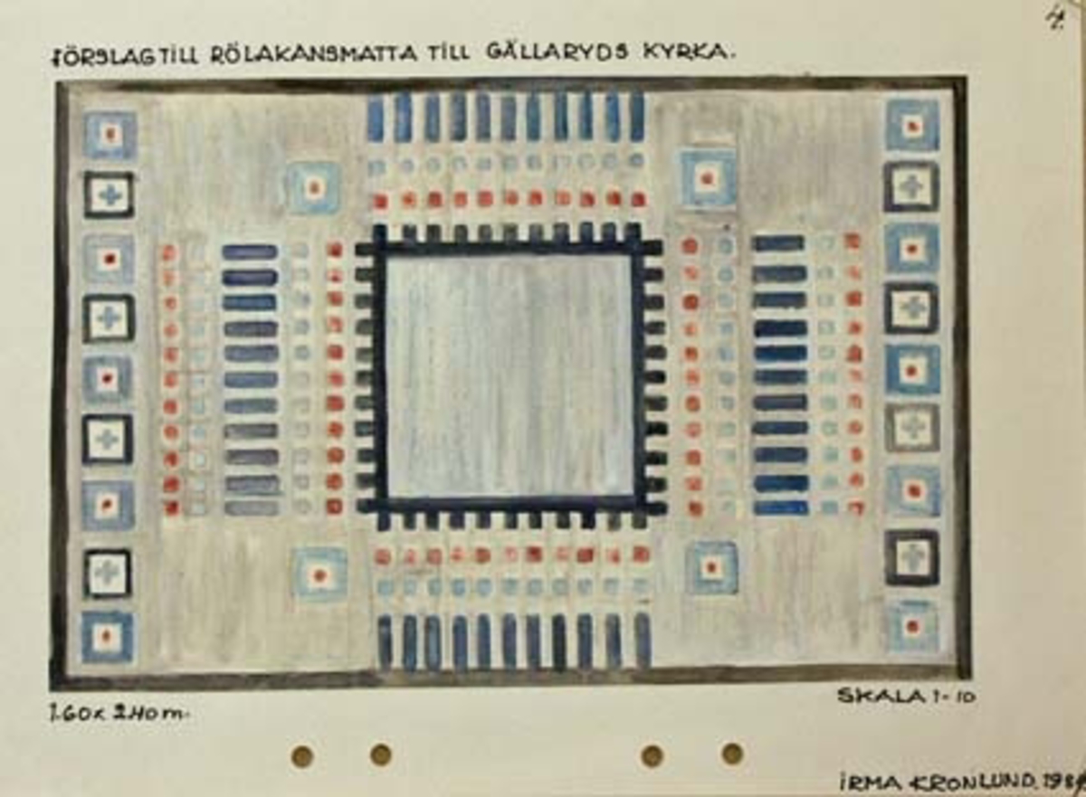 Fem skisser med förslag till rölakanmatta till Gällaryd kyrka.Skisserna är troligen gjorda med någon krita som sedan strukits ut med vatten. GHKL 4150:1Förslag till rölakanmatta till Gällaryd kyrka 1,60 x 2,40 m. Skisstorlek ca 16 x 24 cm. Skala 1:10. Skissen är märkt med nr 1. GHKL 4150:2Förslag till rölakanmatta till Gällaryd kyrka 1,60 x 2,40 m. Skisstorlek ca 16 x 24 cm. Skala 1:10. Skissen är märkt med nr 2. GHKL 4150:3Förslag till rölakanmatta till Gällaryd kyrka 1,60 x 2,40 m. Skisstorlek ca 16 x 24 cm. Skala 1:10. Skissen är märkt med nr 3. GHKL 4150:4Förslag till rölakanmatta till Gällaryd kyrka 1,60 x 2,40 m. Skisstorlek ca 16 x 24 cm. Skala 1:10. Skissen är märkt med nr 4. GHKL 4150:5Förslag till rölakanmatta till Gällaryd kyrka 1,60 x 2,40 m. Skisstorlek ca 16 x 24 cm. Skala 1:10. Skissen är märkt med nr 5. BAKGRUNDHemslöjden i Kronobergs län är en ideell förening bildad 1990. Den ideella föreningen ersatte Kronobergs läns hemslöjdsförening bildad 1915.Kronobergs läns hemslöjdsförening hade butiksverksamhet och en vävateljé med anställda väverskor och formgivare där man vävde på beställning till offentliga miljöer, privatpersoner och till olika utställningar.Hemslöjden i Kronobergs län har idag ett arkiv med drygt 3000 föremål, mönster och skisser från verksamheten och från länet. 1950-talet var de stora beställningarnas tid och många skisser och mattor till kyrkorna kom till under detta årtionde.