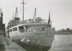 Passagerarmotorfartyget Kronprins Fredrick av Esbjerg liggande vid Skeppsbron i Malmö 1954. Fartyget som eldhärjades 1953 har rekonstruerats vid Helsingörs Skibsvaerft.
Fotot visar fartyget klart att visas för allmänheten.