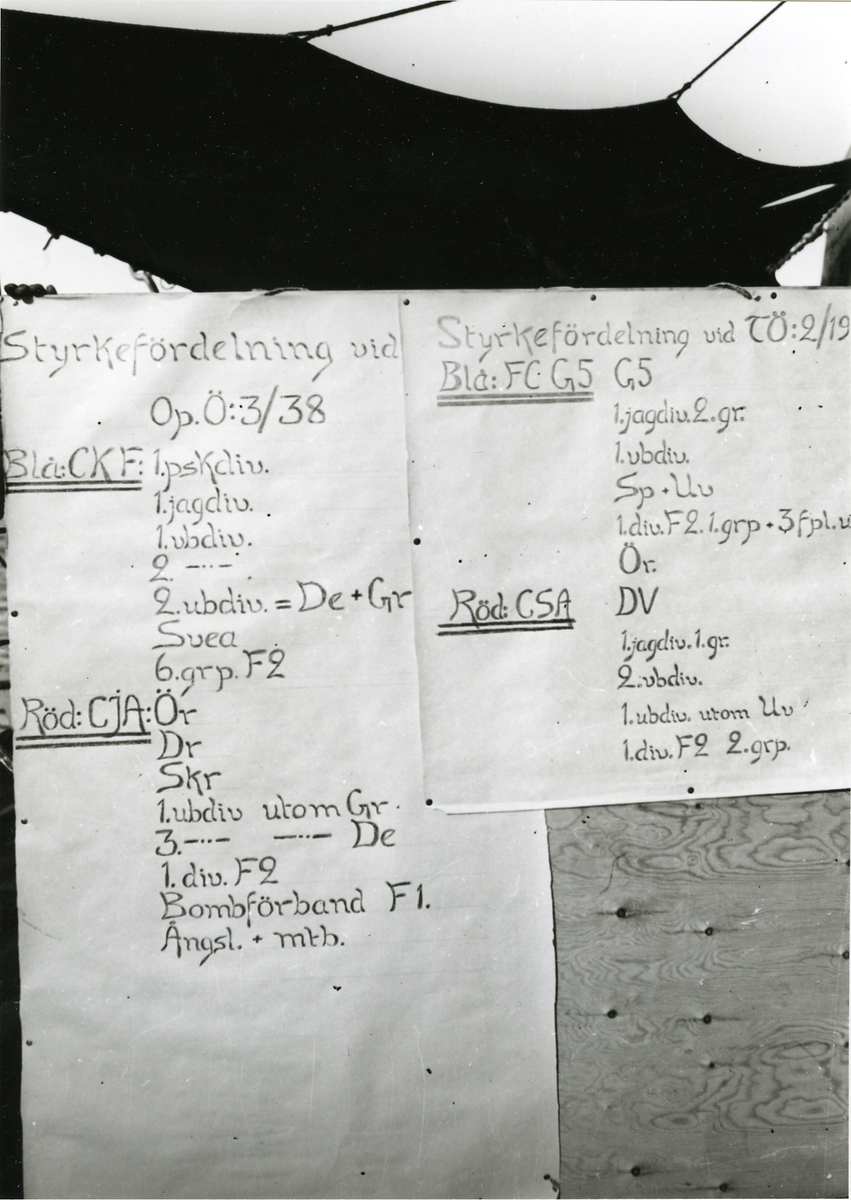 Förteckning över styrkefördelningen vid Op Ö:3/38 och TÖ:2/1938.