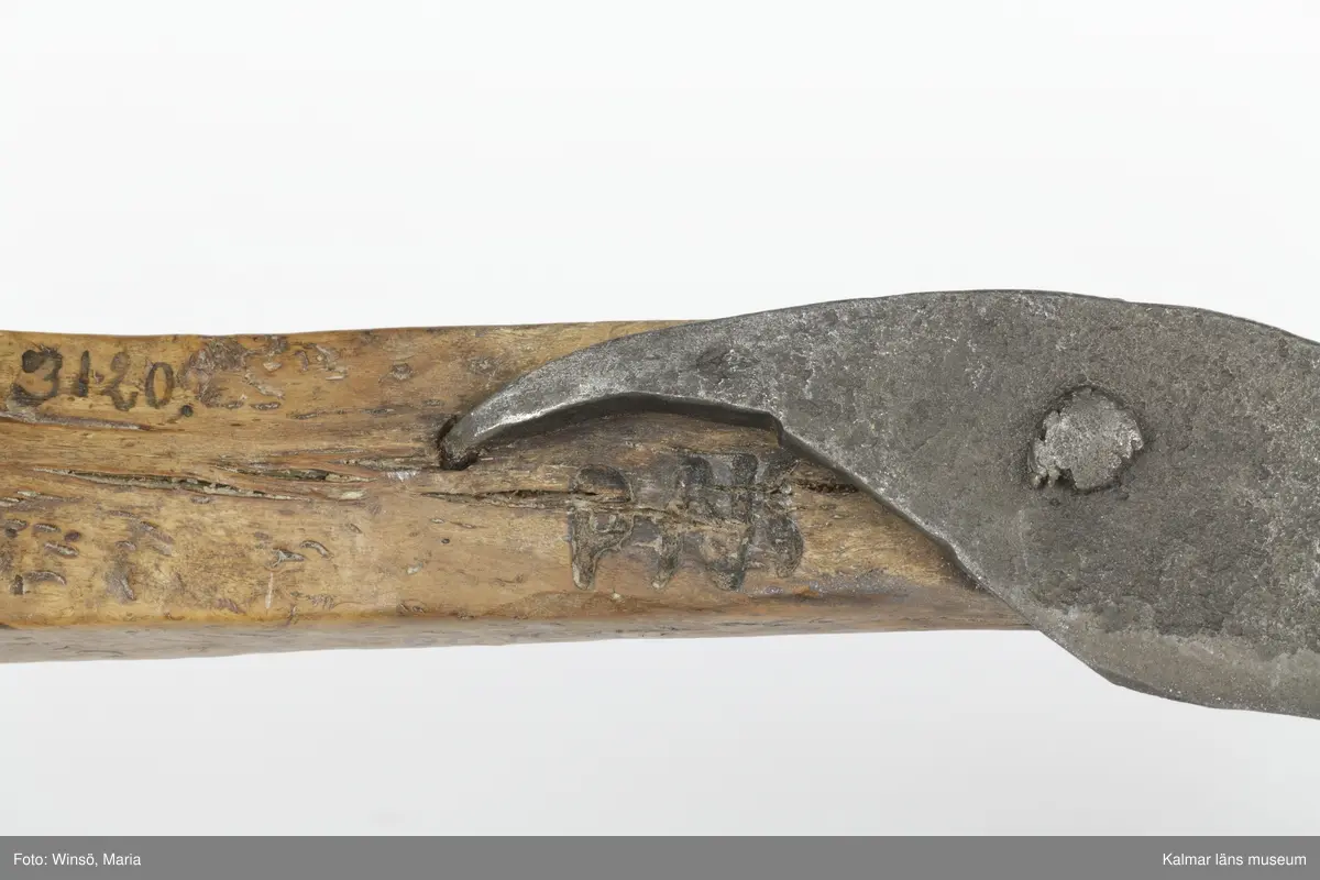 KLM 3120. Skära, vinkelskära, trä, metall. Vinkelskära med bågböjt blad av järn, fastnitat på skaftets ena sida. Skaft av masurbjörk med fyrsidig knopp med skarp mittrygg. På knoppens översida inskuret årtalet MDCCCI (1801 och blommor och rankor). På handtaget nära bladet inbränt PNS. Bladet märkt A. Användes för att skära av säden.