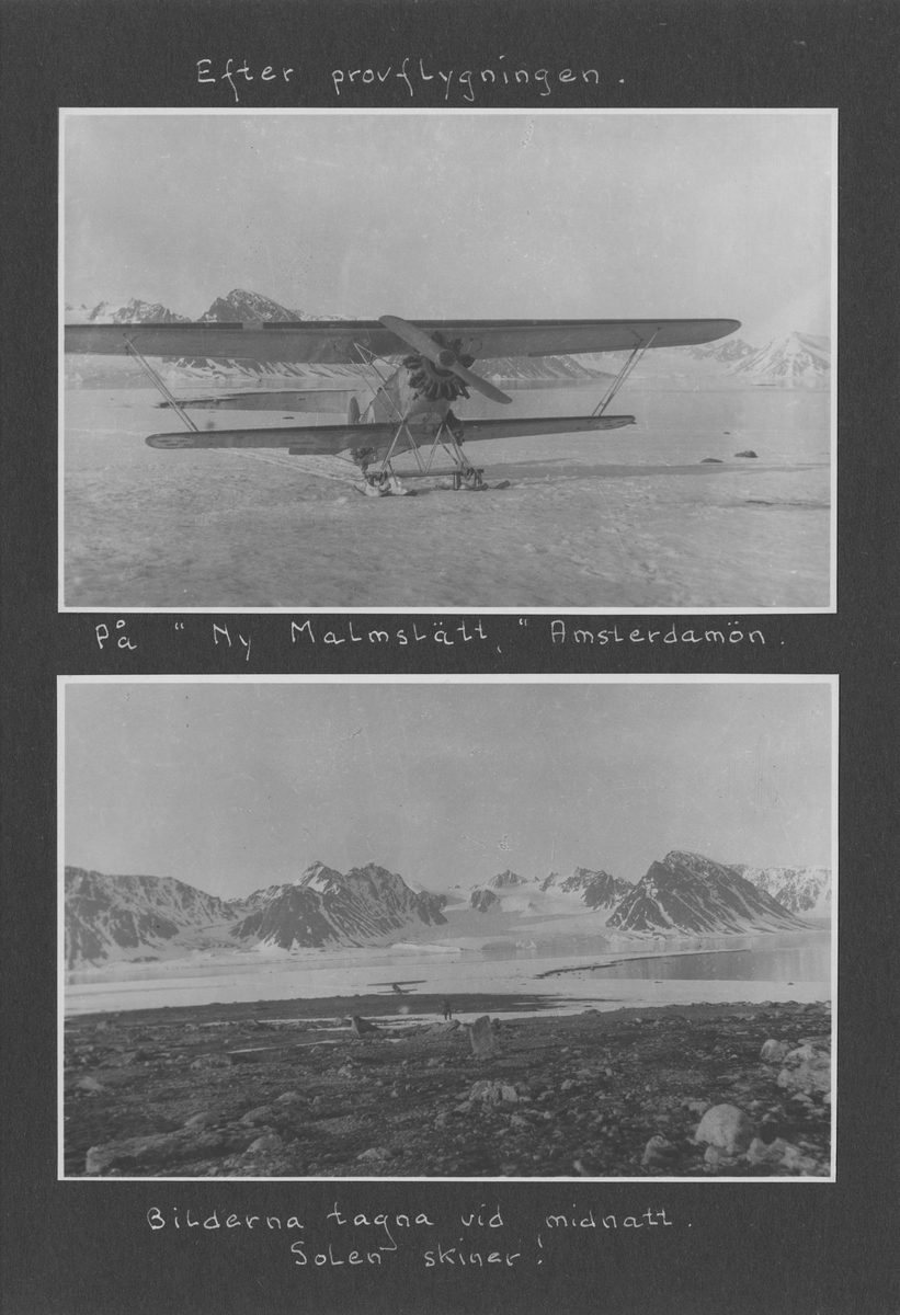 Svenska Spetsbergsexpeditionen 1928, band 2.    Band 2 av 5 dokumentationsalbum från svenska Spetsbergsexpeditionen år 1928, där Umberto Nobile och besättningen på luftskeppet Italia räddades.  49 fotografier monterade på 27 albumblad.    Motiv: Räddningsexpedition av Umberto Nobile, lägret vid det kraschade Italia-fartyget; Einar Lundborgs strandad på isen, tillbaka i lägret efter räddning.  Personer, flygplan, natur, omgivningar, mm.