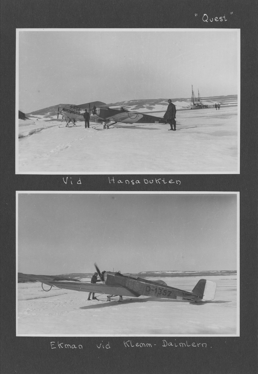 Svenska Spetsbergsexpeditionen 1928, band 2.    Band 2 av 5 dokumentationsalbum från svenska Spetsbergsexpeditionen år 1928, där Umberto Nobile och besättningen på luftskeppet Italia räddades.  49 fotografier monterade på 27 albumblad.    Motiv: Räddningsexpedition av Umberto Nobile, lägret vid det kraschade Italia-fartyget; Einar Lundborgs strandad på isen, tillbaka i lägret efter räddning.  Personer, flygplan, natur, omgivningar, mm.