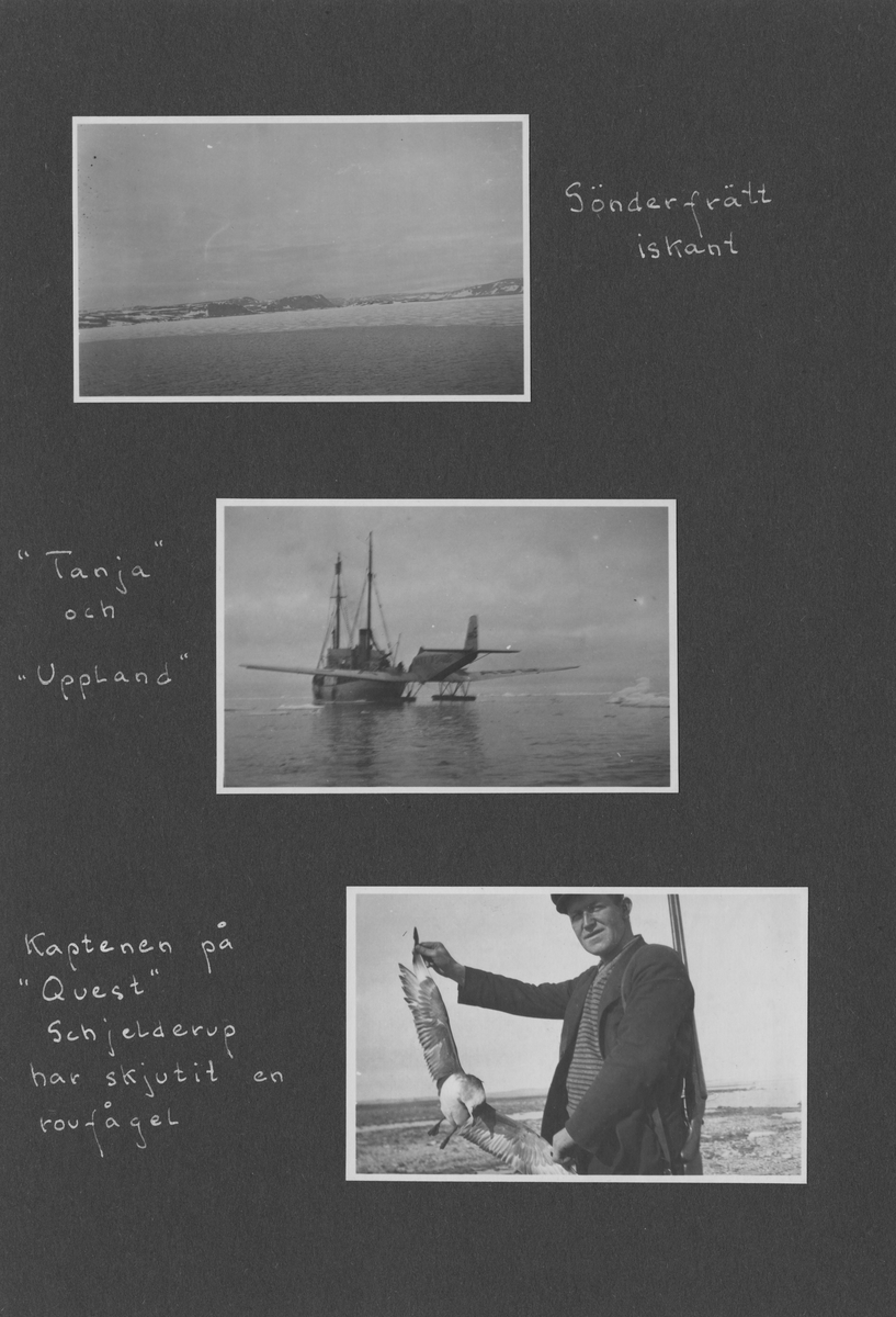 Svenska Spetsbergsexpeditionen 1928, band 3.    Band 3 av 5 dokumentationsalbum från svenska Spetsbergsexpeditionen år 1928, där Umberto Nobile och besättningen på luftskeppet Italia räddades.  48 fotografier monterade på 26 albumblad.    Motiv: I lägret i Kings Bay, hemresa via Narvik.  Personer, fartyg, natur, omgivningar, mm.