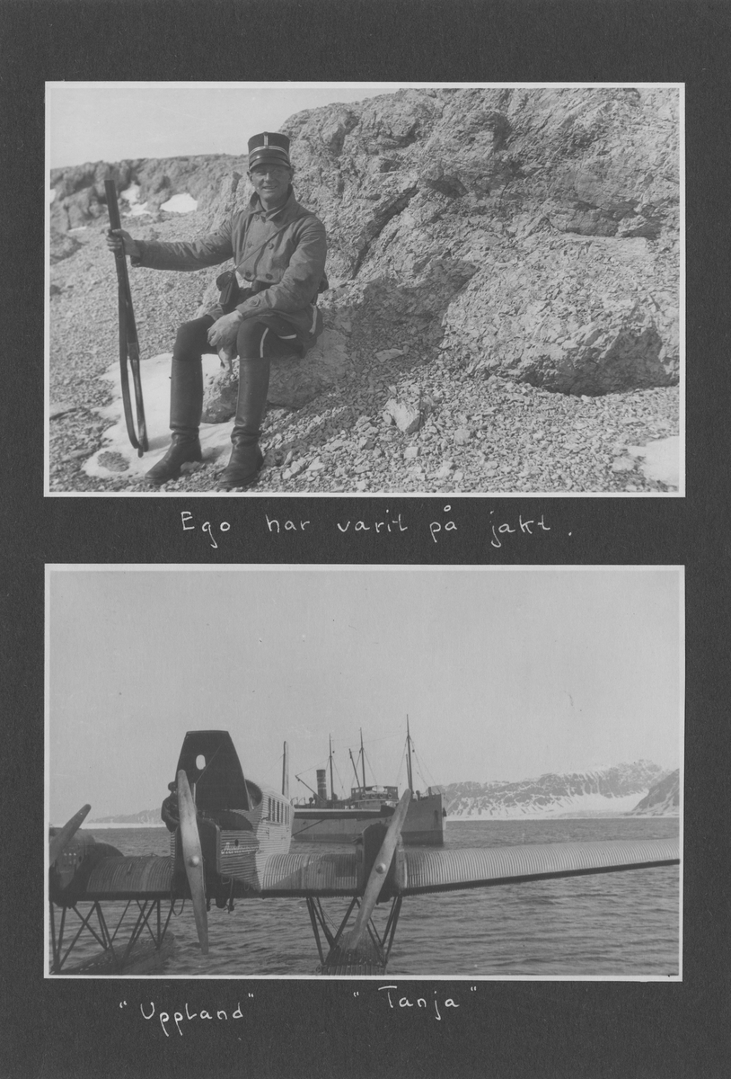 Svenska Spetsbergsexpeditionen 1928, band 3.    Band 3 av 5 dokumentationsalbum från svenska Spetsbergsexpeditionen år 1928, där Umberto Nobile och besättningen på luftskeppet Italia räddades.  48 fotografier monterade på 26 albumblad.    Motiv: I lägret i Kings Bay, hemresa via Narvik.  Personer, fartyg, natur, omgivningar, mm.