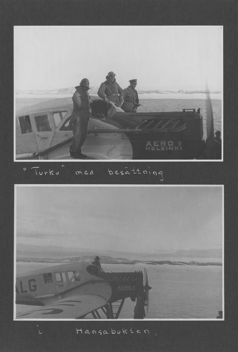 Svenska Spetsbergsexpeditionen 1928, band 3.    Band 3 av 5 dokumentationsalbum från svenska Spetsbergsexpeditionen år 1928, där Umberto Nobile och besättningen på luftskeppet Italia räddades.  48 fotografier monterade på 26 albumblad.    Motiv: I lägret i Kings Bay, hemresa via Narvik.  Personer, fartyg, natur, omgivningar, mm.