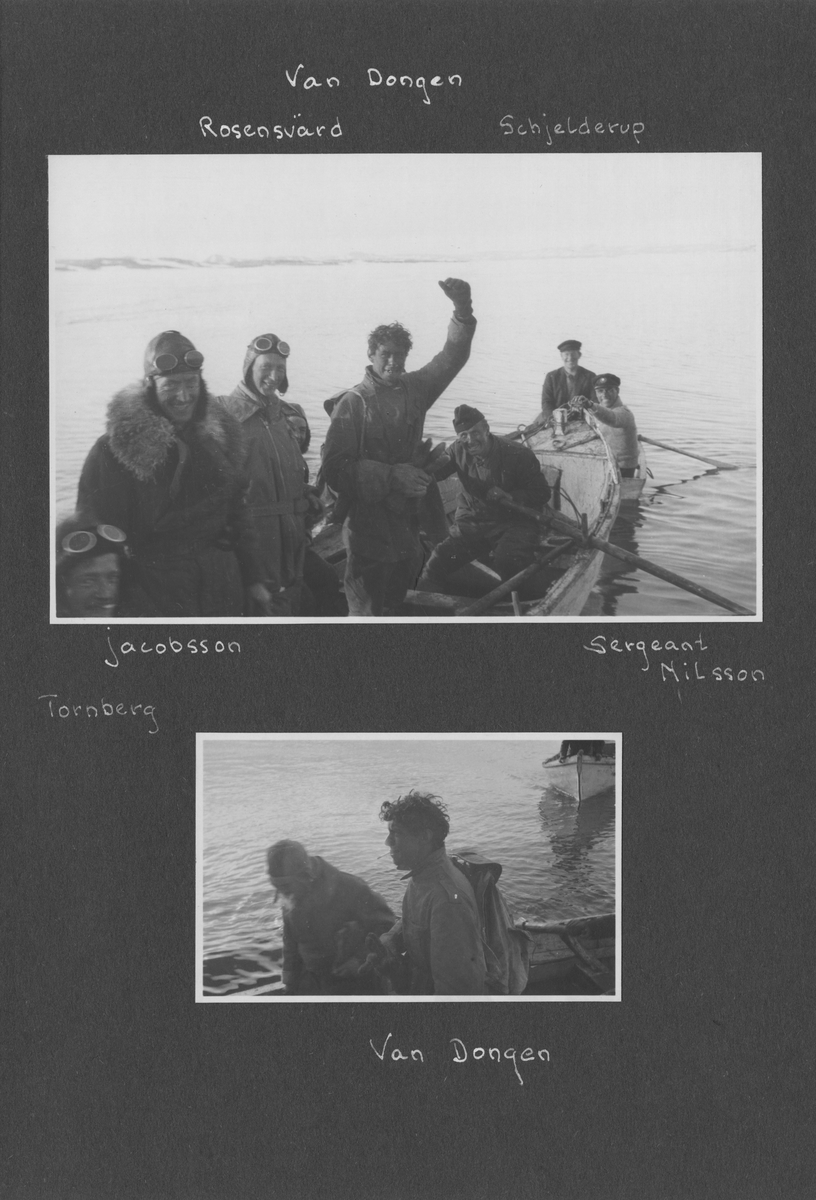 Svenska Spetsbergsexpeditionen 1928, band 3.    Band 3 av 5 dokumentationsalbum från svenska Spetsbergsexpeditionen år 1928, där Umberto Nobile och besättningen på luftskeppet Italia räddades.  48 fotografier monterade på 26 albumblad.    Motiv: I lägret i Kings Bay, hemresa via Narvik.  Personer, fartyg, natur, omgivningar, mm.