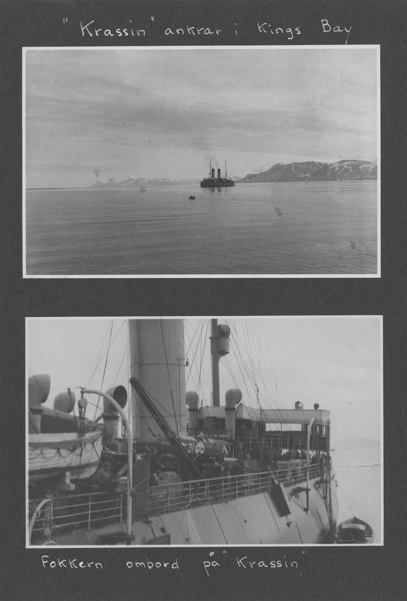 Svenska Spetsbergsexpeditionen 1928, band 3.    Band 3 av 5 dokumentationsalbum från svenska Spetsbergsexpeditionen år 1928, där Umberto Nobile och besättningen på luftskeppet Italia räddades.  48 fotografier monterade på 26 albumblad.    Motiv: I lägret i Kings Bay, hemresa via Narvik.  Personer, fartyg, natur, omgivningar, mm.