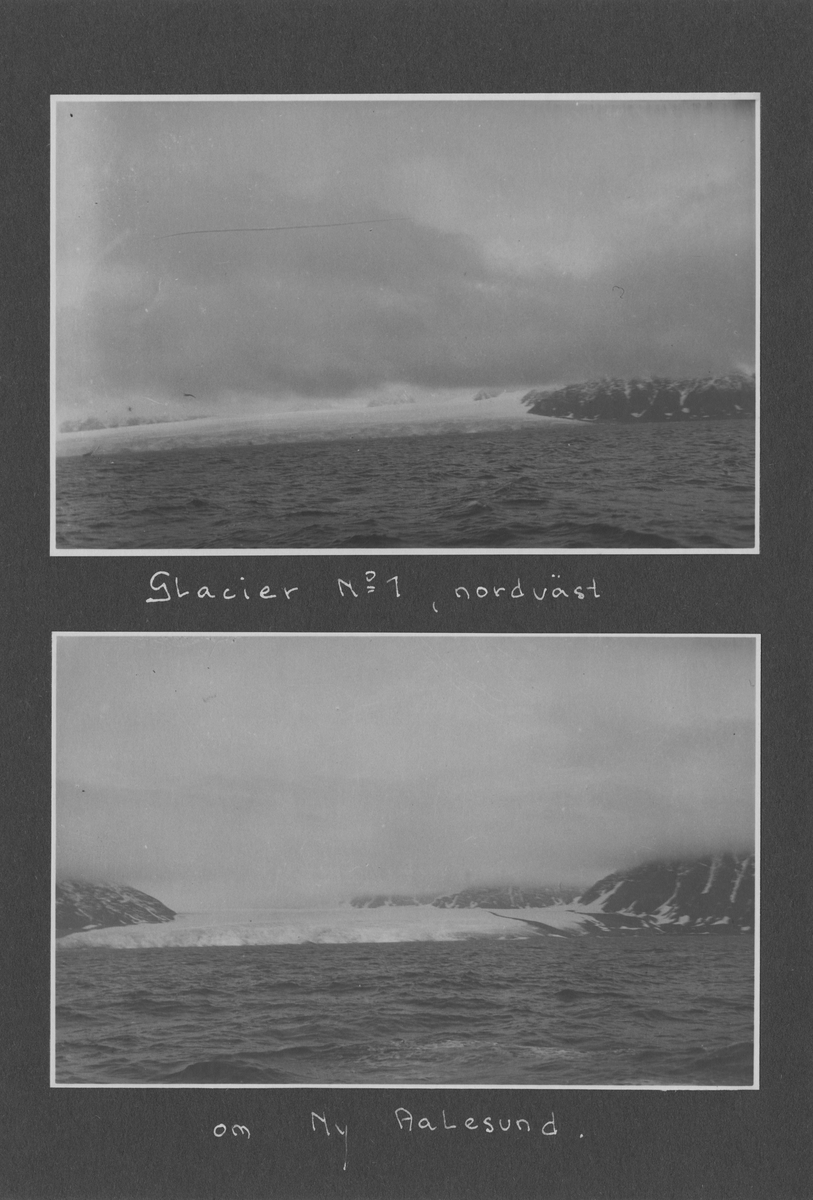 Svenska Spetsbergsexpeditionen 1928, band 3.    Band 3 av 5 dokumentationsalbum från svenska Spetsbergsexpeditionen år 1928, där Umberto Nobile och besättningen på luftskeppet Italia räddades.  48 fotografier monterade på 26 albumblad.    Motiv: I lägret i Kings Bay, hemresa via Narvik.  Personer, fartyg, natur, omgivningar, mm.