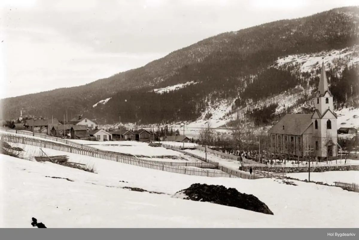 Tettstad, Kyrkje, Ål, Sundre, vinter, kyrkjegard, gjerde,