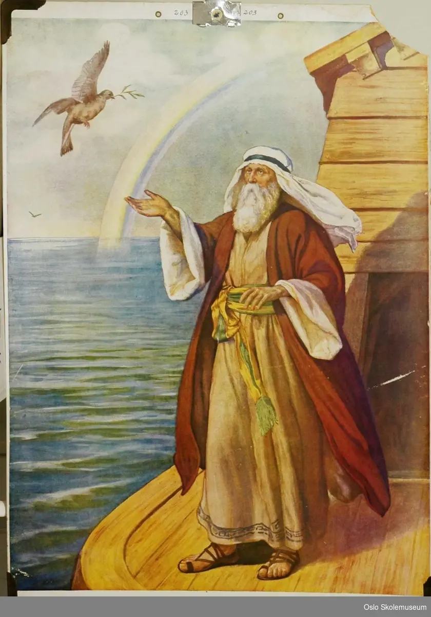 Bibelhistorie: Noa på arken. Duen kommer med en kvist som viser at det finnes tørt land.