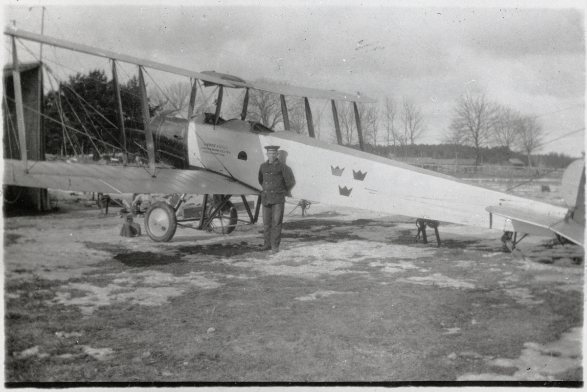 [från fotobeskrivningen:] "Ett av flottans biplan 1924. I förgrunden flygaspiranten Sven Funke."
"Från fotoalbum tillh. I. Markegard"
[under Förutvarande ägare:] "Markegard, Ivar Enskede 1970"