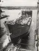 Det brasilianska tankmotorfartyget ITAPARICA av Rio de Janeiro går av stapeln vid B&W den 27 juli 1960.