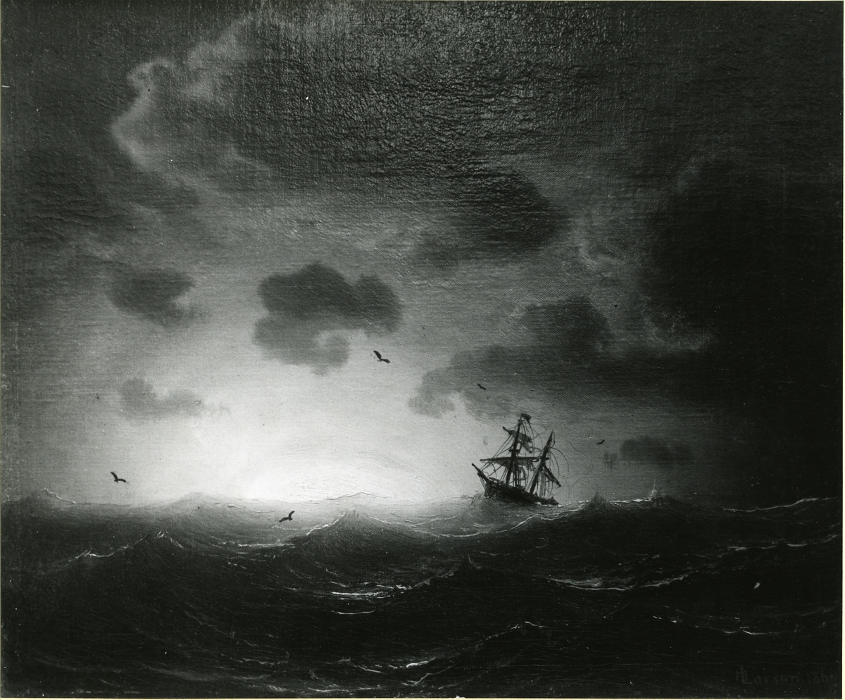 Förlisande skepp.
Oljemålning 1860.
Storlek 45 x 54 cm
