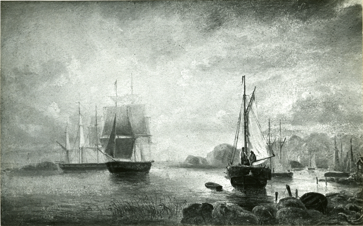 Fiskeläge vid havsvik.
Oljemålning 1854.
Storlek 31,5 x 49,5 cm.