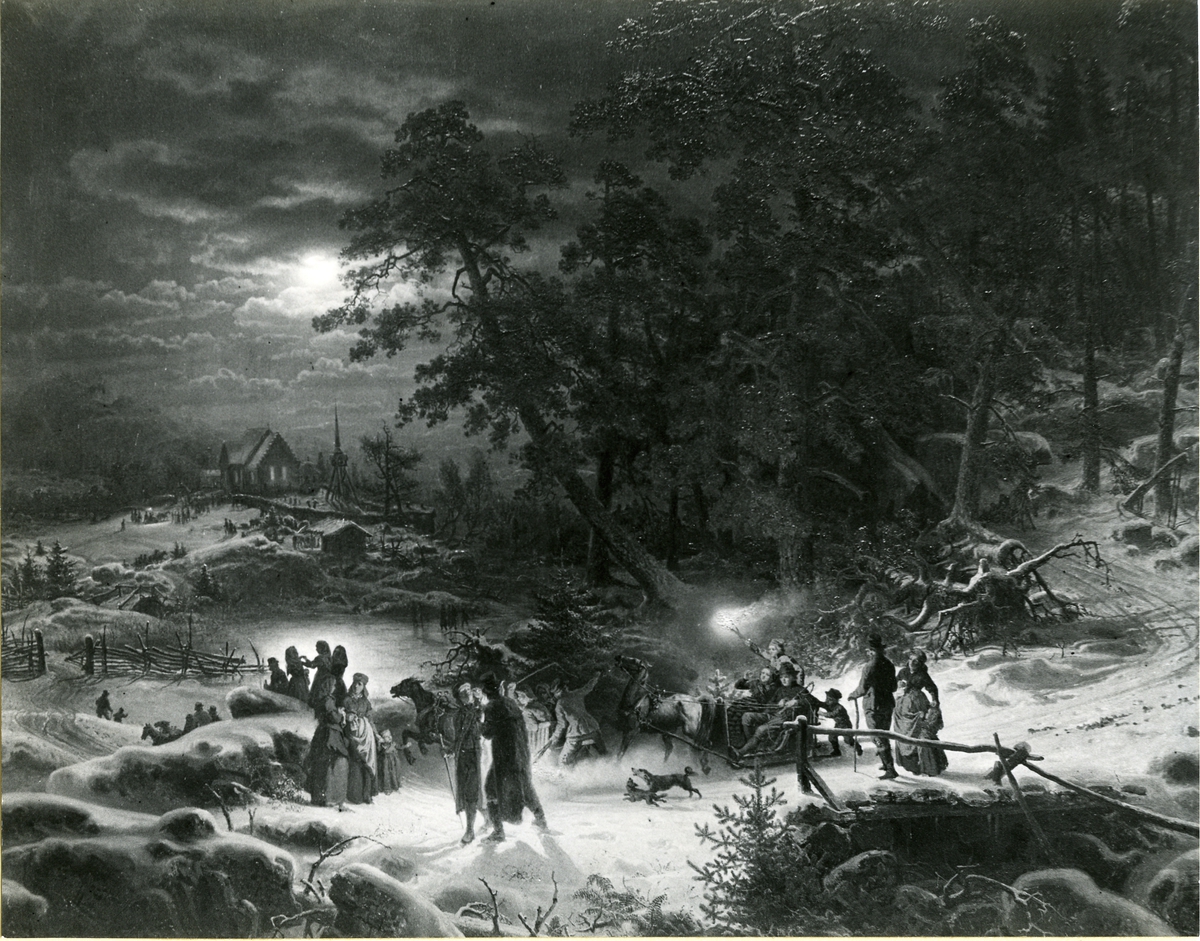 Färden till julottan.Oljemålning 1855. Figurerna av Kilian Zoll.
(Ramen skulpterad av ornamentsbildhuggare Karl Ahlborn).
Storlek 149 x 187 cm.