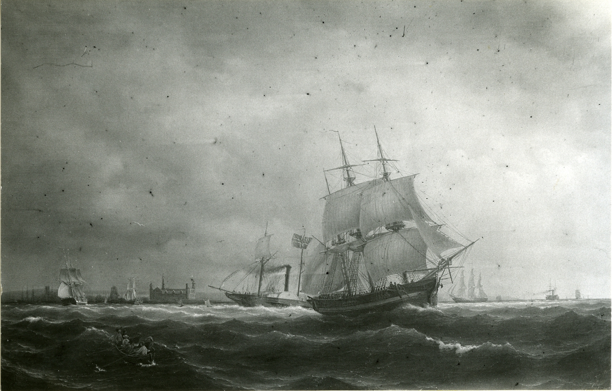 Barkskepp i Öresund.
Oljemålning 1850.
Storlek 104,5 x 166 cm.